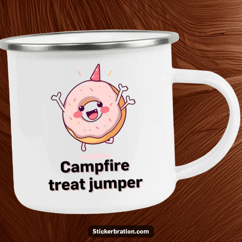 Funny camping mug with a happy donut character in a celebratory jump, perfect for outdoor enthusiasts who love a sweet treat.
