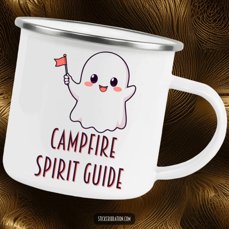 Funny camping mug with a cute ghost character waving a tiny flag, perfect for outdoor enthusiasts who love a touch of humor.