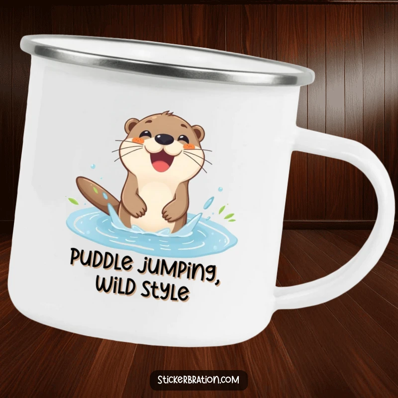 Funny otter camping mug with a happy character splashing in a puddle, durable and cheerful for outdoor use.