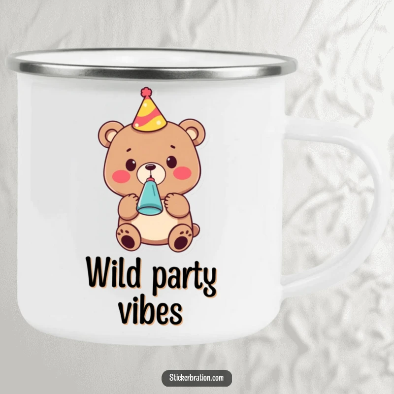 Funny camping mug featuring a cute bear character in a party hat, blowing a noisemaker, ideal for festive outdoor gatherings.
