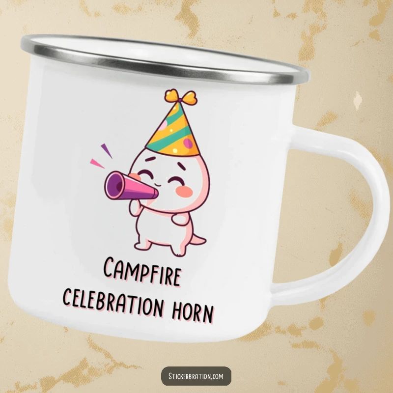 Funny camping mug with a character in a party hat, blowing a noisemaker with excitement, perfect for outdoor celebrations.