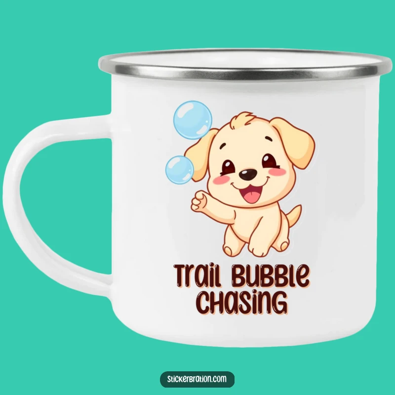 Funny Puppy Chasing Bubbles Camping Mug - Adventure Dog Lover Gift