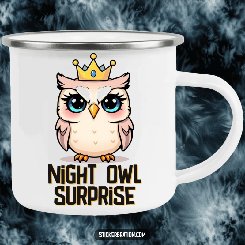 Funny camping mug with a design of a shocked owl wearing a tiny party crown, perfect for festive outdoor fun.