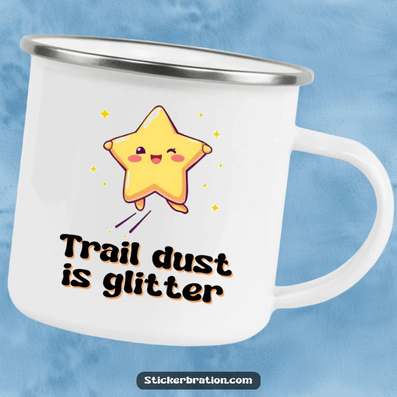 Funny camping mug with a star character leaping with joy, trailing glitter, perfect for outdoor fun.