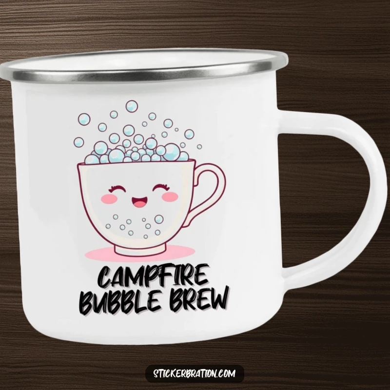 Funny camping mug with a happy teacup character overflowing with tiny bubbles, perfect for cheerful and humorous outdoor enjoyment.