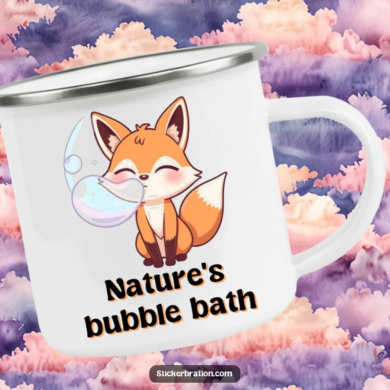 Funny bubbly fox character camping mug winking while blowing a giant bubble, perfect for playful outdoor moments.
