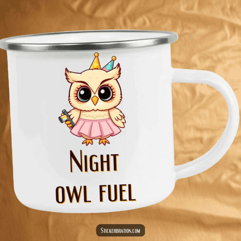 Funny camping mug showing a grinning owl in a party dress holding a noisemaker, perfect for enjoying drinks outdoors with a whimsical vibe.