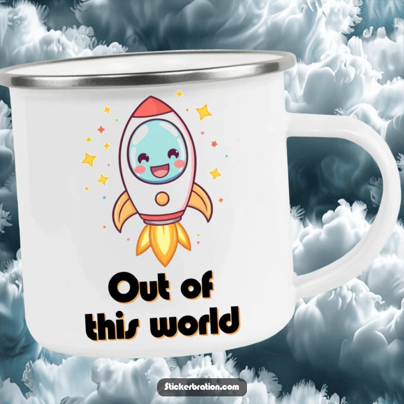 Funny rocket camping mug depicting a smiling character blasting off with confetti and stars, ideal for enjoying drinks during outdoor adventures.