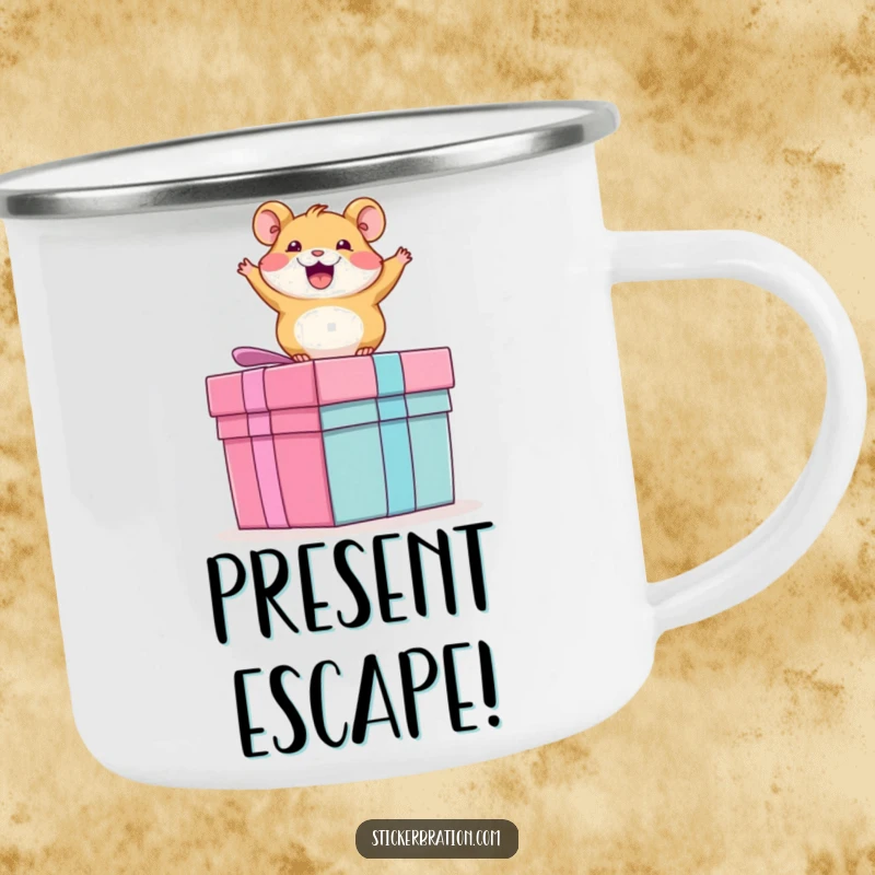 Funny camping mug featuring an energetic hamster joyfully bouncing on a giant present, perfect for outdoor enthusiasts.