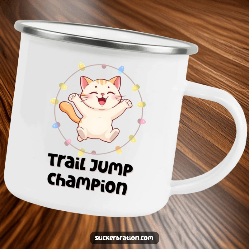 Funny camping mug showing a smiling cat leaping through a hoop of lights, perfect for outdoor enthusiasts who love humor.