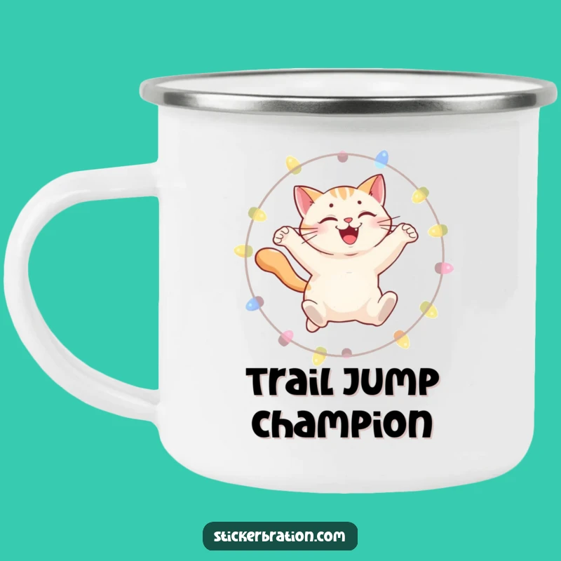 Funny Cat Camp Mug: Leaping Lights, Rustic & Playful Gift