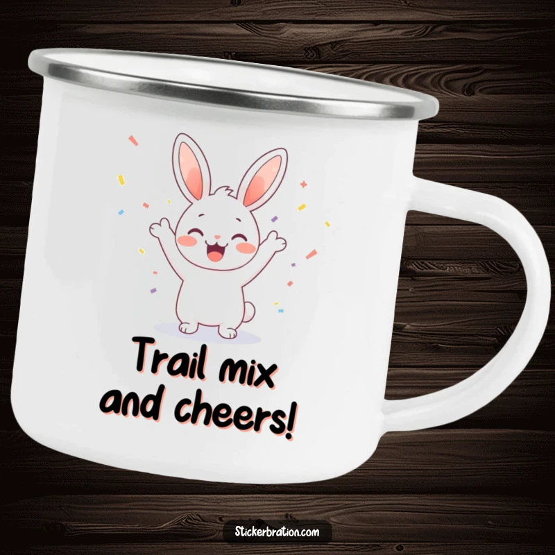 Funny camping mug displaying a happy bunny character cheering surrounded by festive confetti, built for outdoor enjoyment.
