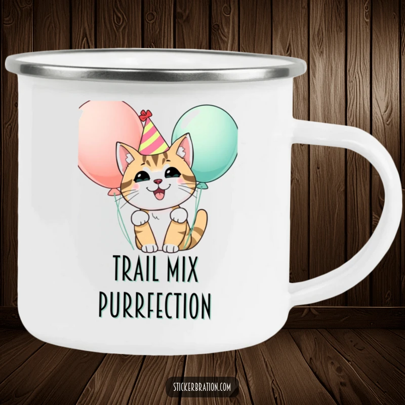 Funny camping mug showing a happy cat in a party hat peeking from behind balloons, perfect for enjoying drinks outdoors with a festive vibe.