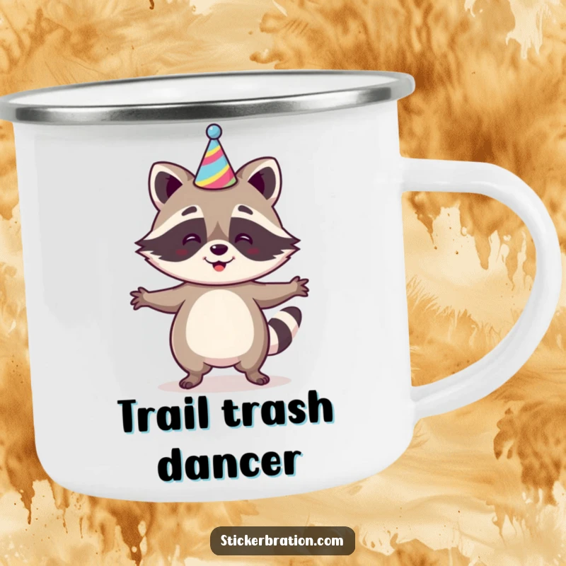 Funny Raccoon Jig Camping Mug showing a happy raccoon dancing in a party hat, durable for adventures and festive, a unique outdoor gift.