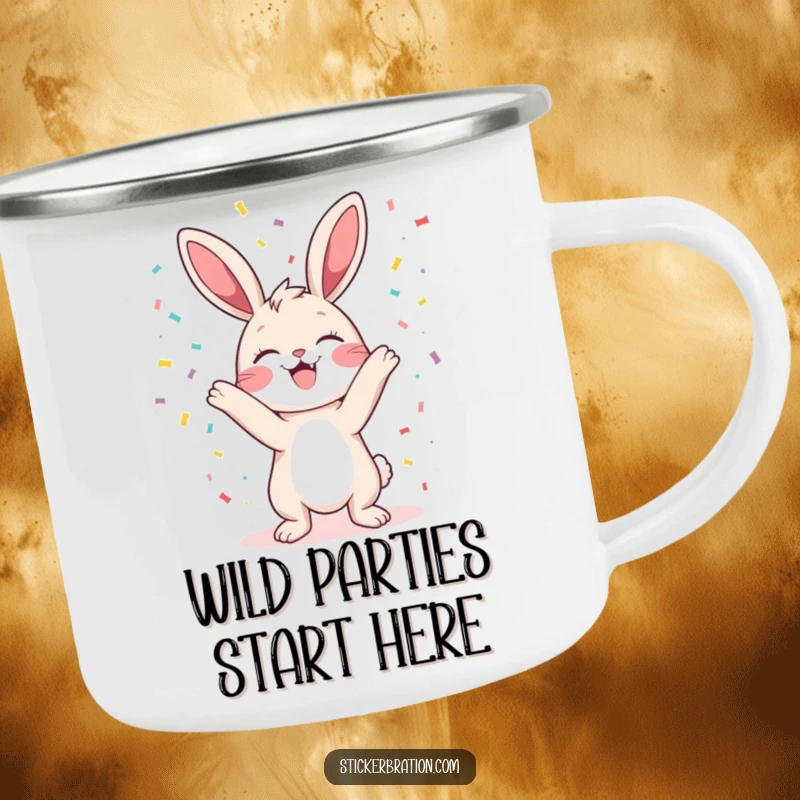 Funny bunny camping mug with a character gleefully tossing confetti, designed for durability and festive outdoor enjoyment.
