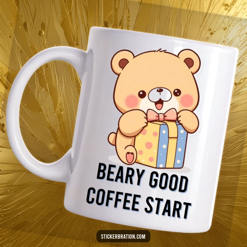 Funny mug depicting a chubby bear character eagerly unwrapping a vibrant gift box, full of anticipation and delight.