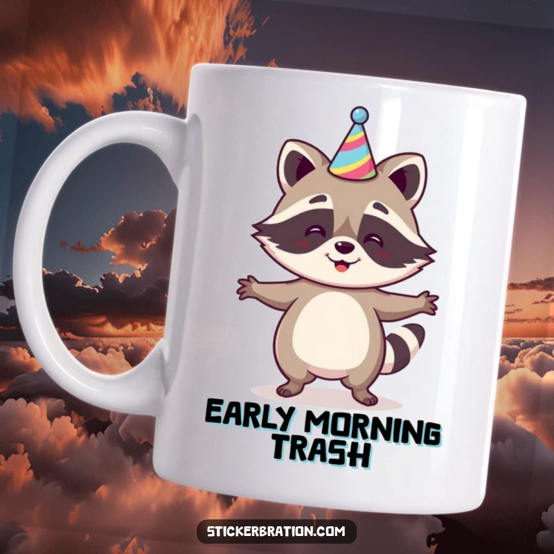 Funny Raccoon Mug depicting a happy raccoon character doing a little jig with a party hat, conveying pure joy and celebratory spirit, an ideal gift.