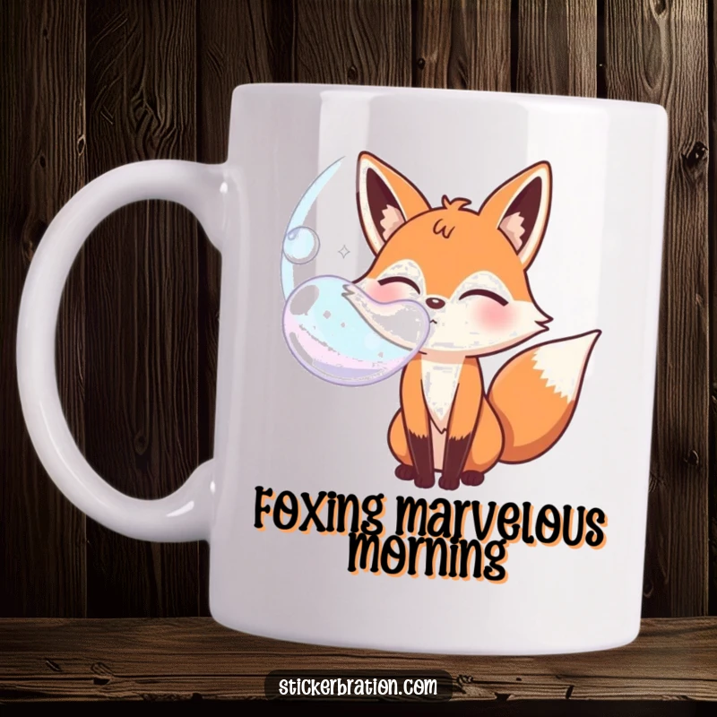 Funny bubbly fox character mug winking while blowing a giant bubble, a whimsical and humorous gift.