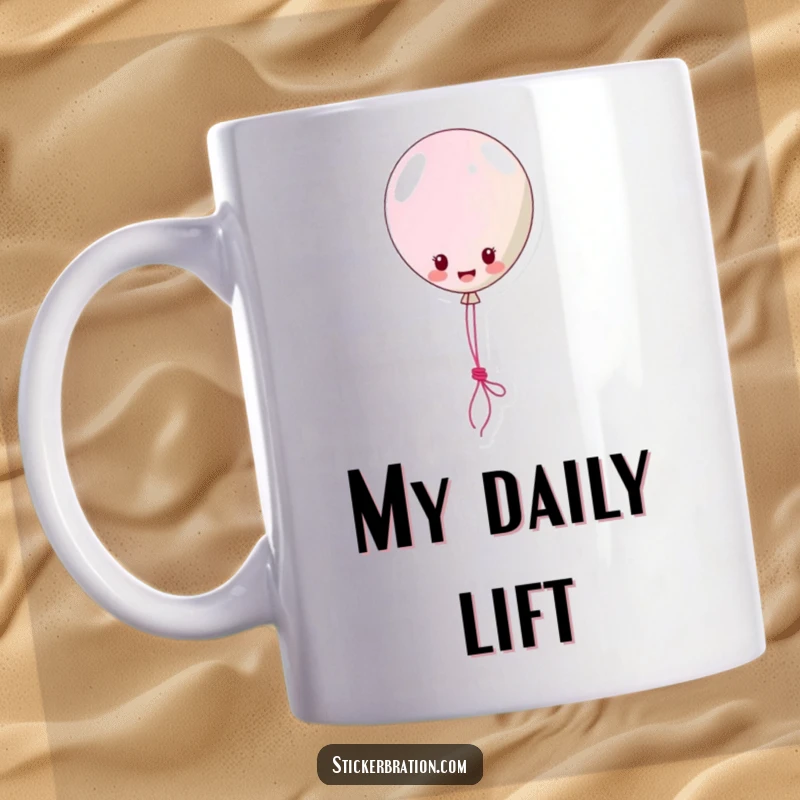 Funny Mug: A cheerful balloon sticker character joyfully floats upwards, lassoing a string with a playful wink, perfect for a happy gift.