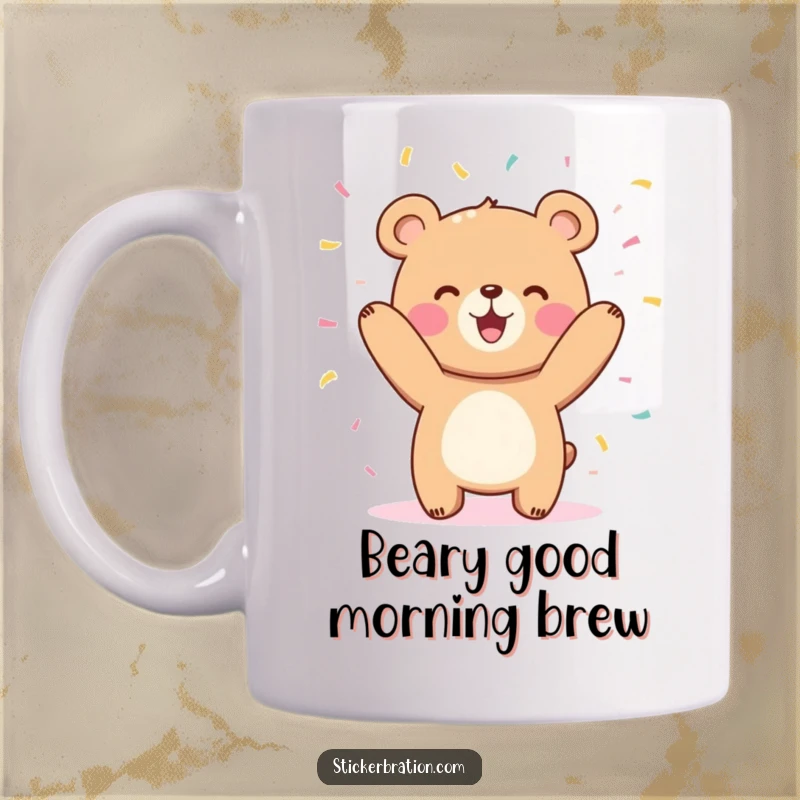 Funny cute bear character mug joyfully tossing confetti in the air, a perfect gift for cheerful celebrations.