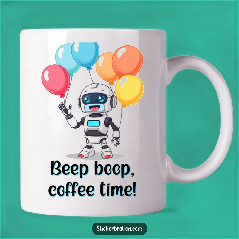 Funny Beep Robot Juggling Balloons Mug - Adorable & Hilarious Gift for Tech Lovers