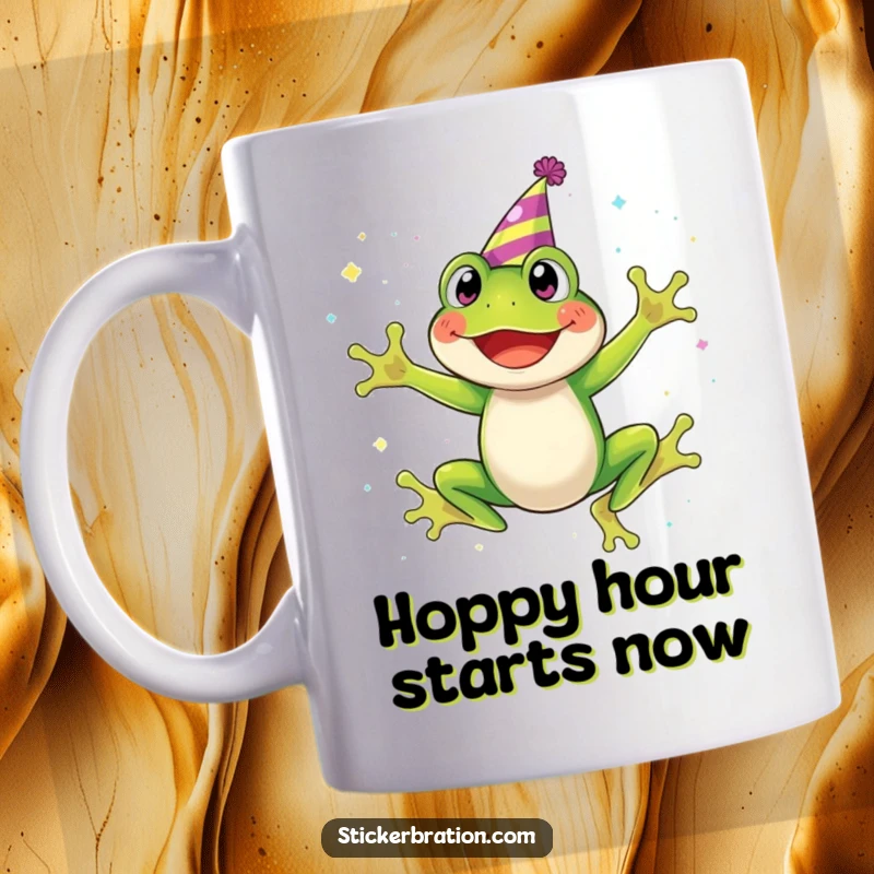Funny mug shows a smiling frog wearing a party hat, joyfully leaping amidst a spectacular shower of colorful glitter.