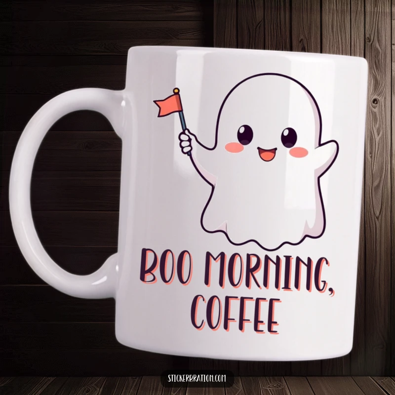 Funny mug featuring a cute, smiling ghost character joyfully waving a tiny flag, embodying playful friendliness.