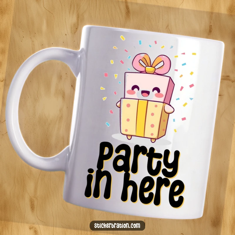 Funny gift box mug with a smiling character bursting with colorful confetti, symbolizing joyous celebration and festive energy.