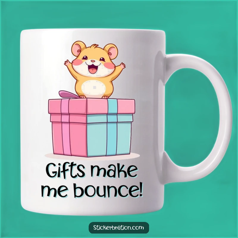 Funny Hamster Gift Mug: Excited Rodent Bouncing on Present, Perfect for Pet Lovers!
