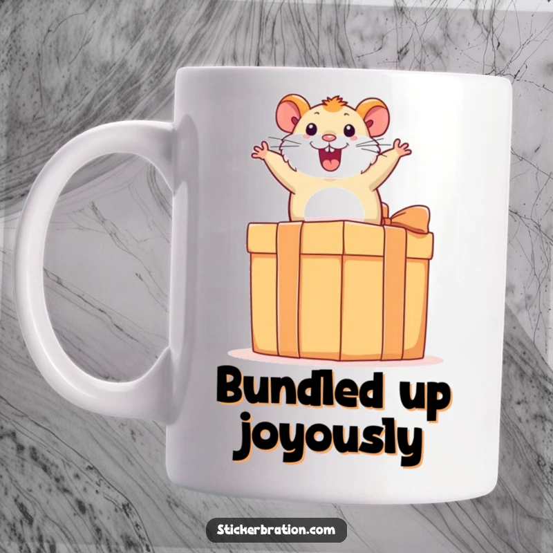 Funny hamster mug featuring an excited hamster gleefully bouncing on top of a large, festive present box, embodying pure delight.