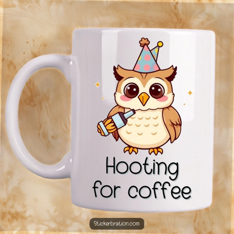 Funny owl character wearing a party hat, holding a noisemaker and smiling, ready to celebrate.