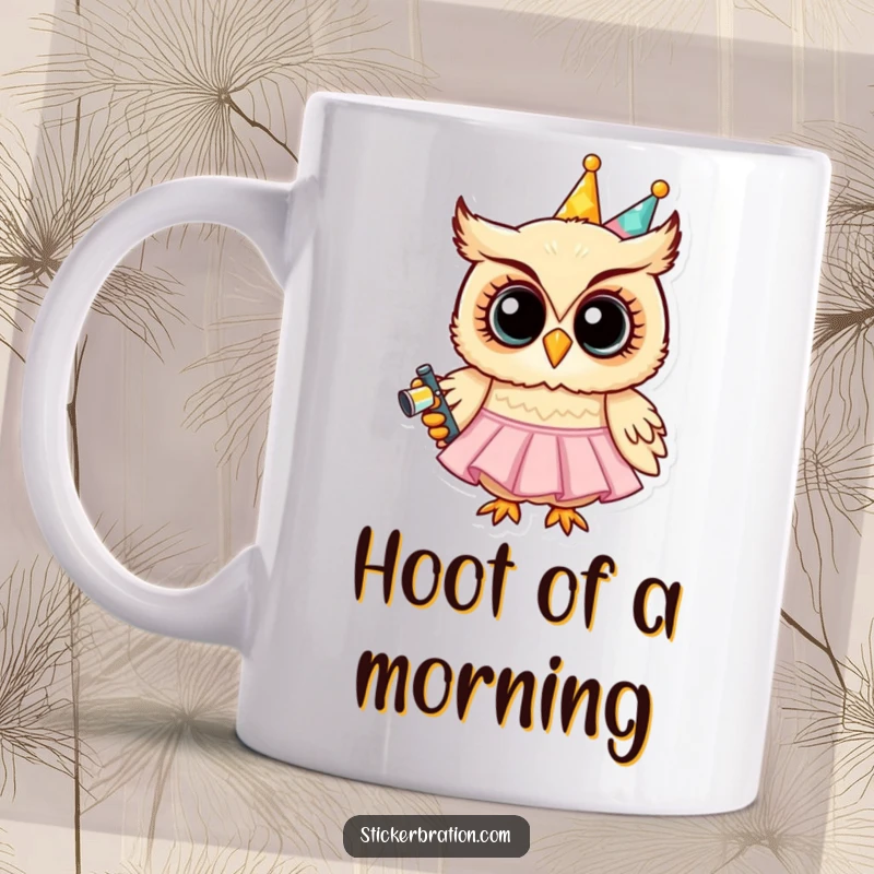 Funny mug showing a grinning owl in a party dress, holding a noisemaker, embodying festive cheer and a love for celebration.