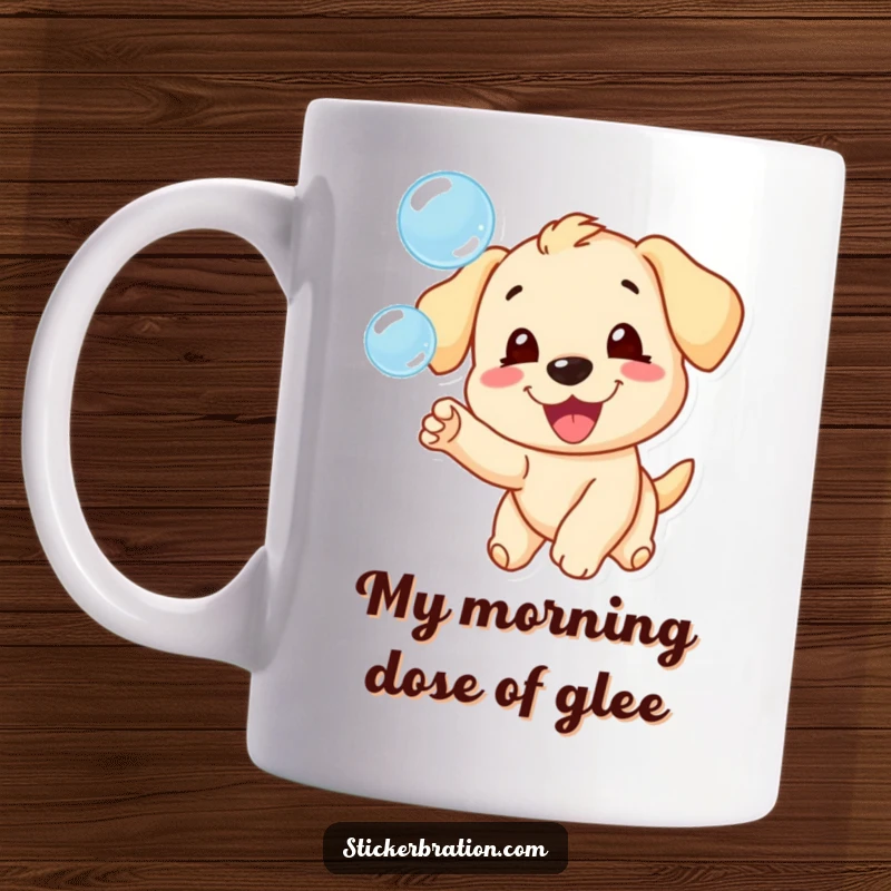 Funny mug with a delighted puppy character joyfully chasing a stream of iridescent bubbles, capturing playful exuberance.