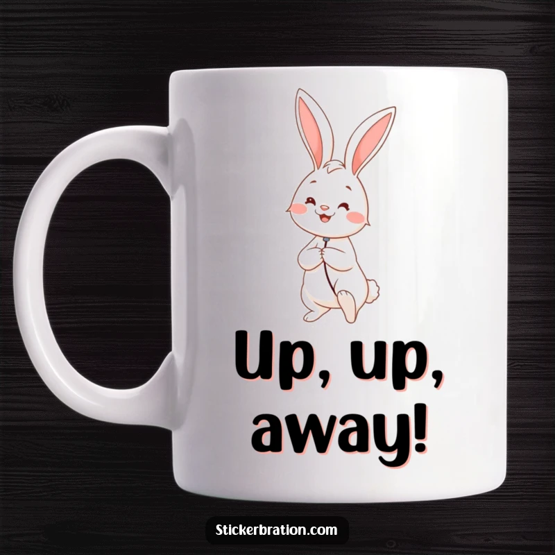 Funny mug depicting a cheerful rabbit holding the string of an oversized, buoyant balloon, radiating innocent happiness and wonder.