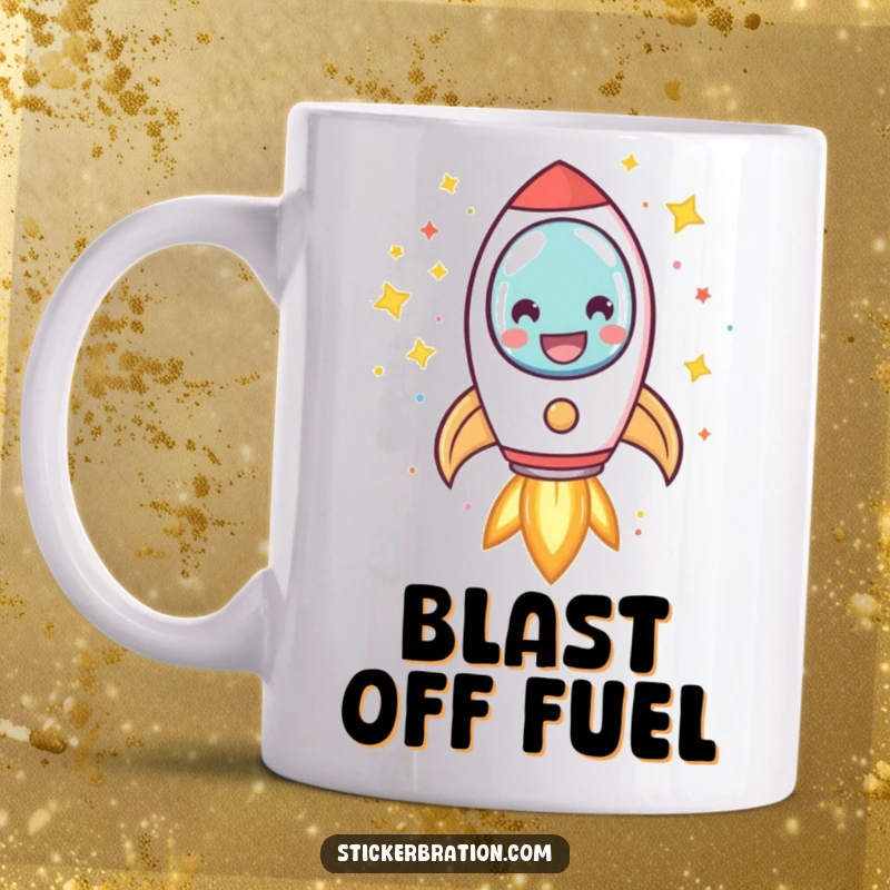 Funny smiling rocket mug blasting off amidst a shower of colorful confetti and twinkling stars, radiating pure joy and excitement.