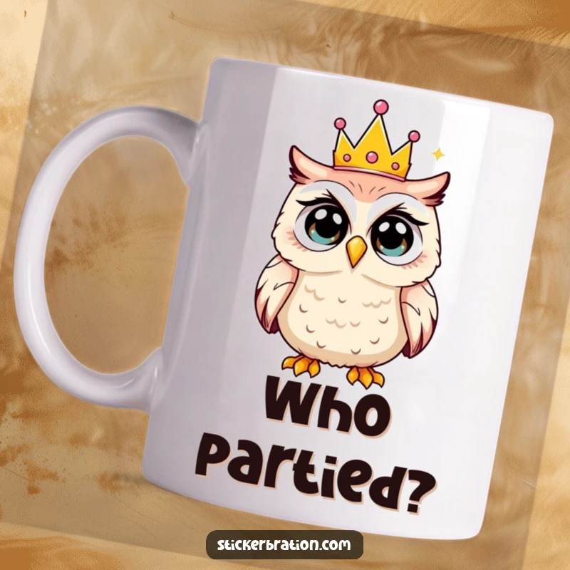 Funny mug featuring a shocked owl with wide eyes wearing a tiny, festive party crown, expressing delightful surprise.