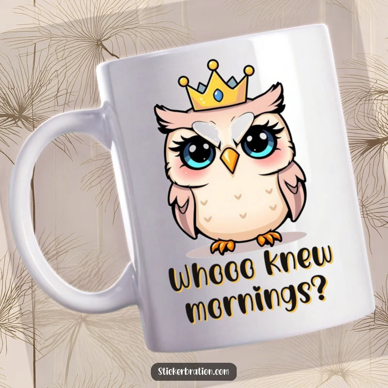 Funny mug showing a wide-eyed, shocked owl wearing a comically small party crown, caught off guard at a celebration.