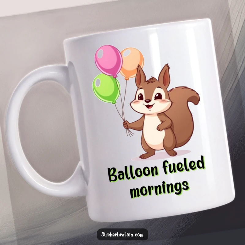 Funny squirrel mug featuring a mischievous character expertly juggling a vibrant array of colorful balloons, embodying playful chaos and delight.