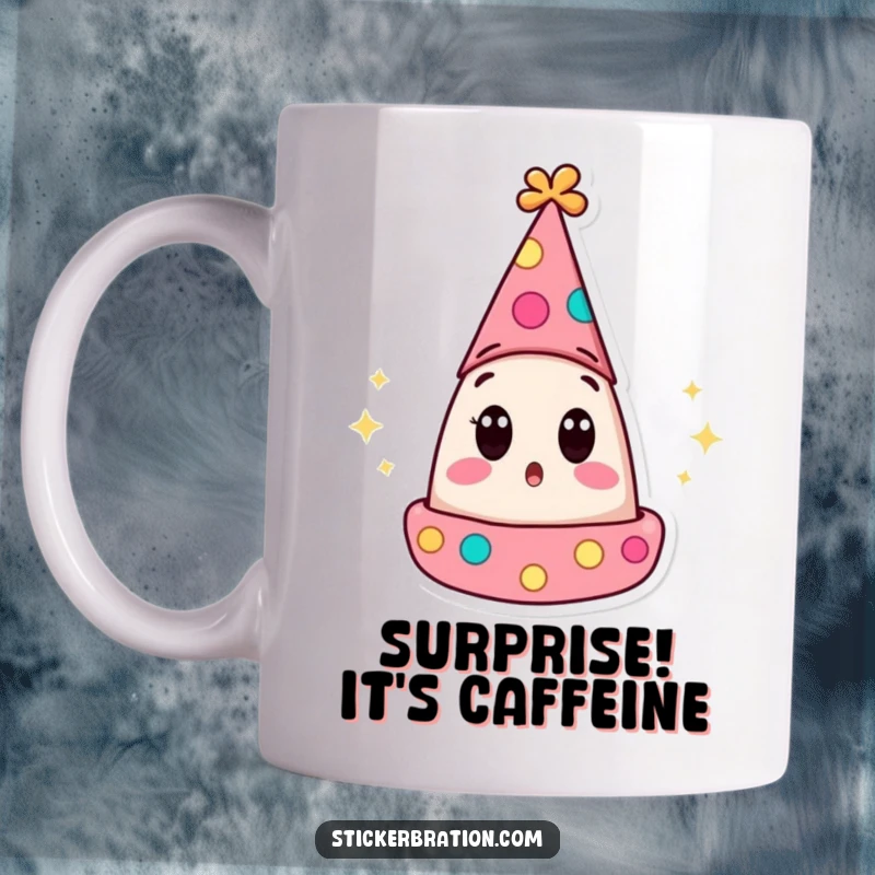 Funny mug with a wide-eyed, surprised party hat character popping open, symbolizing sudden joy and hilarious astonishment.