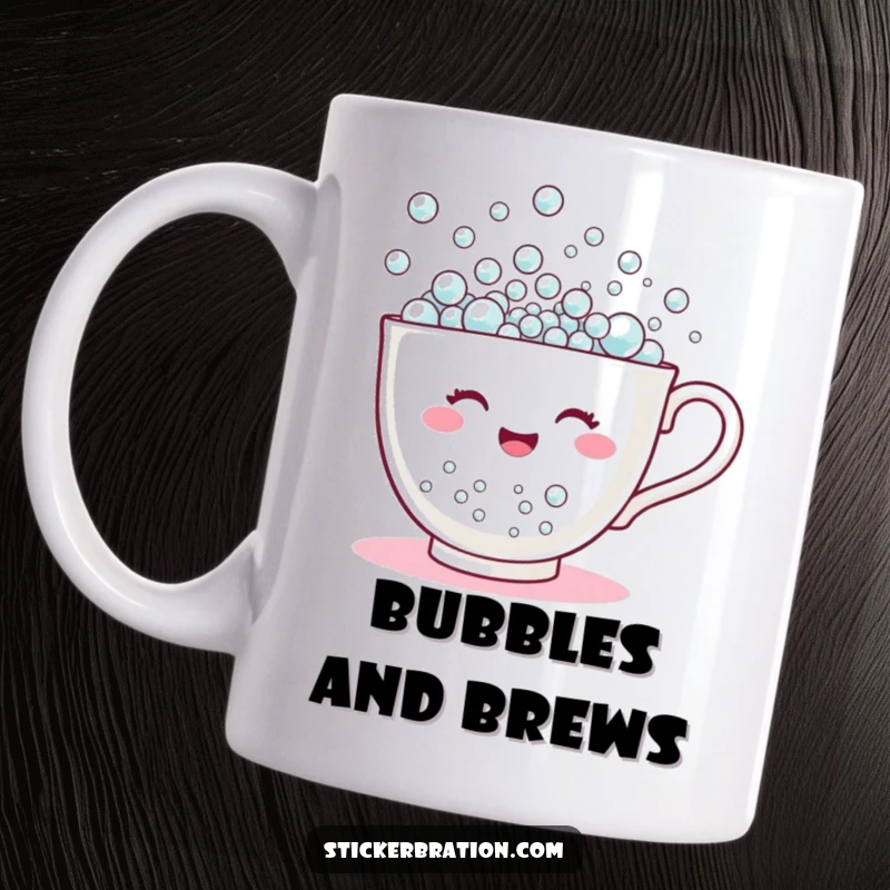 Funny mug featuring a happy teacup character joyfully overflowing with numerous tiny bubbles, creating a cheerful and humorous scene.
