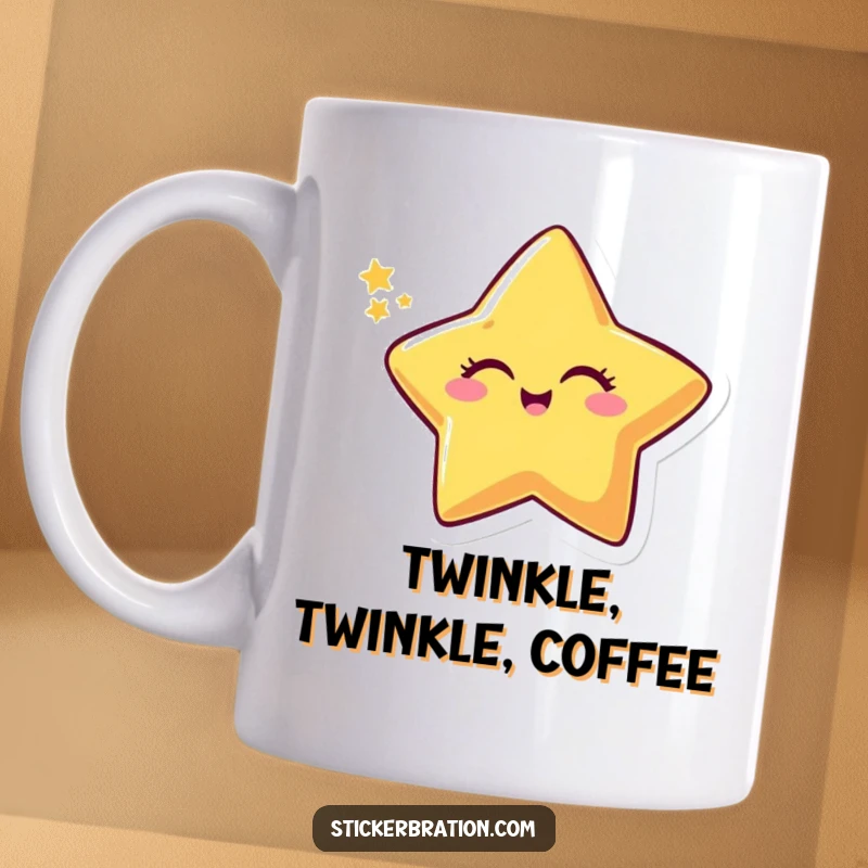Funny mug featuring a smiling star character playfully winking with a shimmering, sparkly trail behind it, exuding cheerful humor.