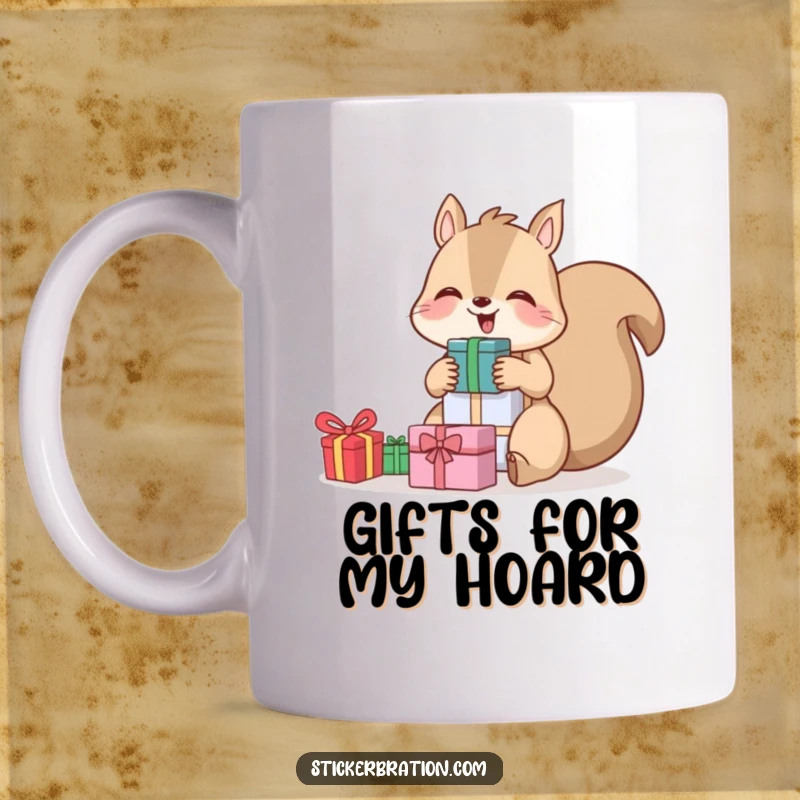 Funny mug featuring a giggling squirrel gleefully holding a tall stack of colorful gifts, embodying festive joy.