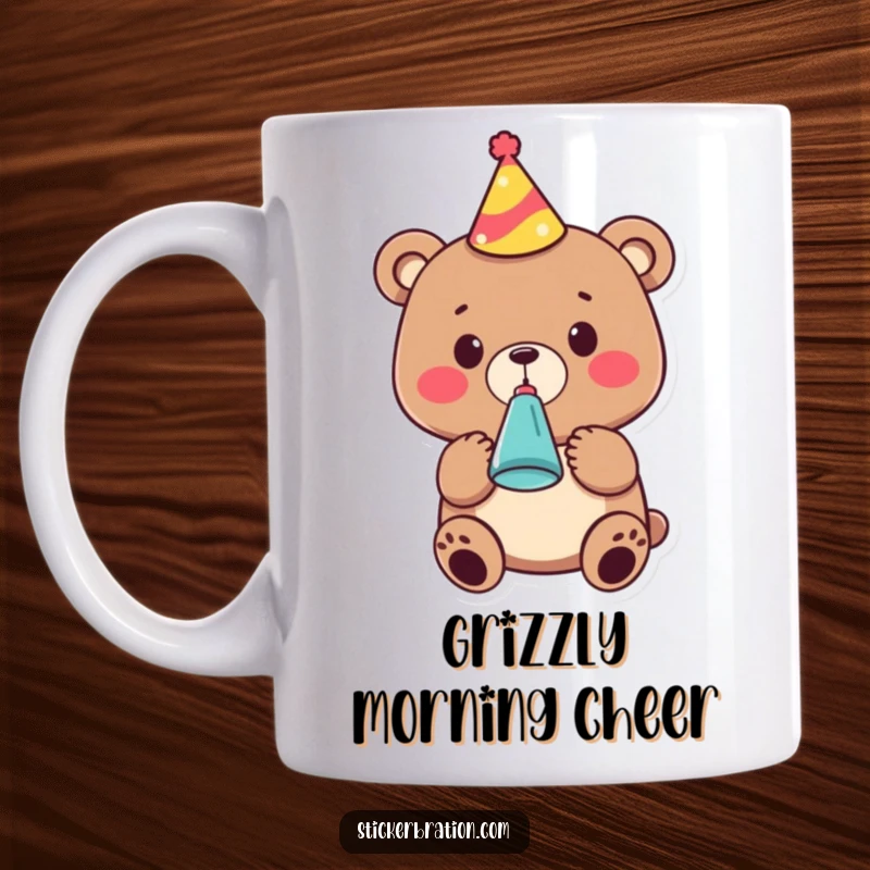 Funny mug with a cute bear character joyfully wearing a party hat and blowing a noisemaker, radiating pure celebratory energy.