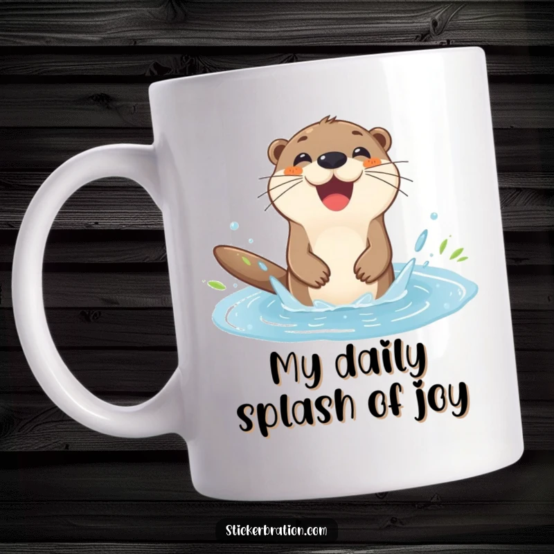Funny otter mug depicting a happy character splashing in a puddle with pure delight and infectious joy.