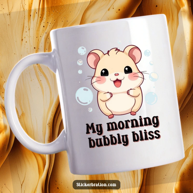 Funny hamster mug with a character grinning joyfully amidst a cascade of sparkling bubbles. Captures pure happiness and lighthearted fun.