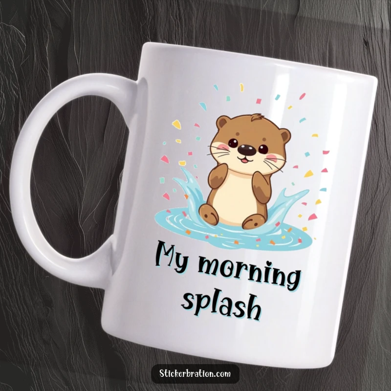 Funny Otter Mug depicting a playful otter character splashing joyfully in a pool of colorful confetti, conveying happiness and fun, an ideal gift.