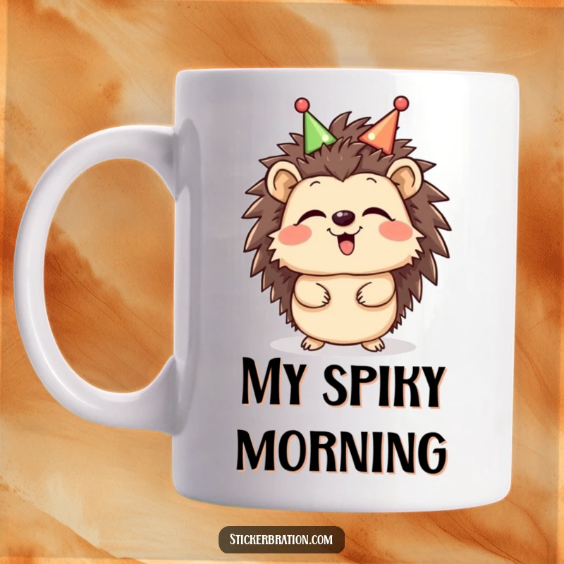 Funny Hedgehog Mug depicting a giggling hedgehog character wearing a celebratory headband, conveying pure joy and a festive spirit, an ideal gift.