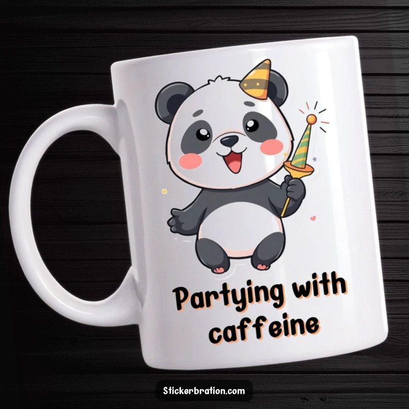 Funny panda mug featuring a happy character joyfully popping a colorful party popper. Festive and full of celebration.
