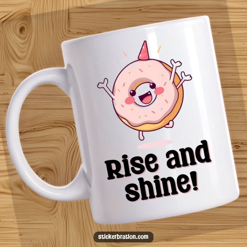Funny mug featuring a joyful donut character mid-air in a celebratory jump, embodying pure happiness.