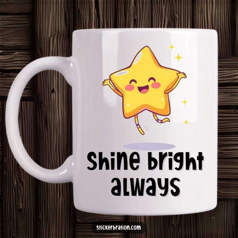Funny mug with a smiling star character mid-dance, leaving a trail of sparkles, radiating pure, infectious joy.